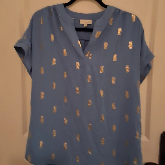 Chenault Blue Blouse with Gold Pineapple Print - Picture 2 of 6